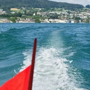 Scenic boat tour on Lake Zürich with a view of the Golden Coast, showcasing luxurious lakeside villas, lush greenery, and crystal-clear waters.