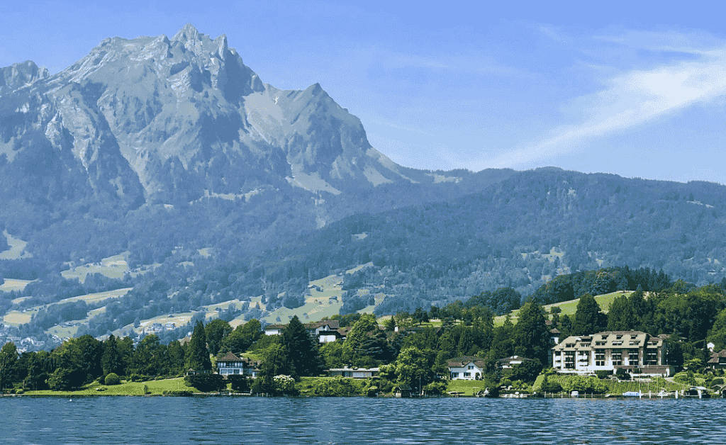 Scenic view of Mount Pilatus towering over Lake Lucerne, Switzerland.