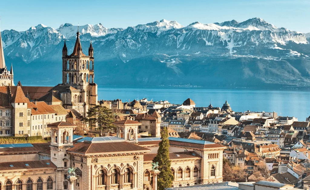 Cityscape of Lausanne Switzerland with Alps