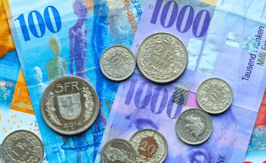 A flat lay, close-up photograph of Swiss currency. The image shows colourful banknotes, prominently featuring a blue 100 franc note and a purple 1000 franc note. Several Swiss Franc coins are scattered across the bills, including a large silver 5 franc coin with the Swiss cross and various smaller coins like 2 francs, 1 franc, 50 centimes (or rappen), 20 centimes, and 10 centimes.