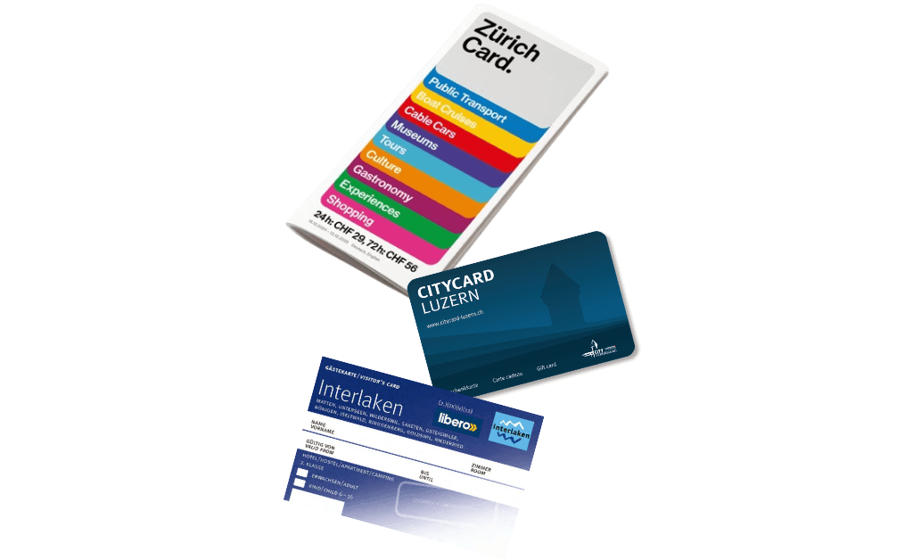 Collection of Swiss visitor city cards and travel passes including the Zurich Card, CityCard Luzern, and Interlaken Visitor's Card for public transport and discounts. region pass.