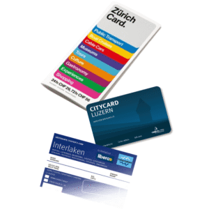 Collection of Swiss visitor city cards and travel passes including the Zurich Card, CityCard Luzern, and Interlaken Visitor's Card for public transport and discounts. region pass.