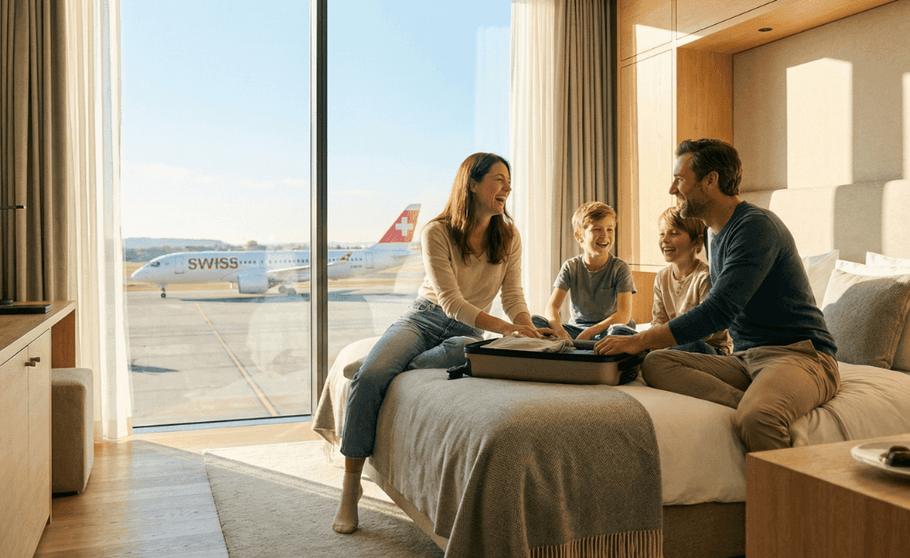 A happy family in a modern hotel room at Zurich Airport with a view of an airplane on the runway through the window.