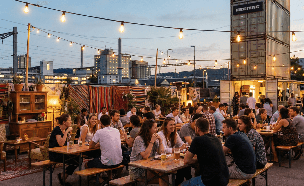 Crowds of people enjoying the evening at Frau Gerolds Garten, an urban garden bar and restaurant in Zürich-West, illuminated by string lights.