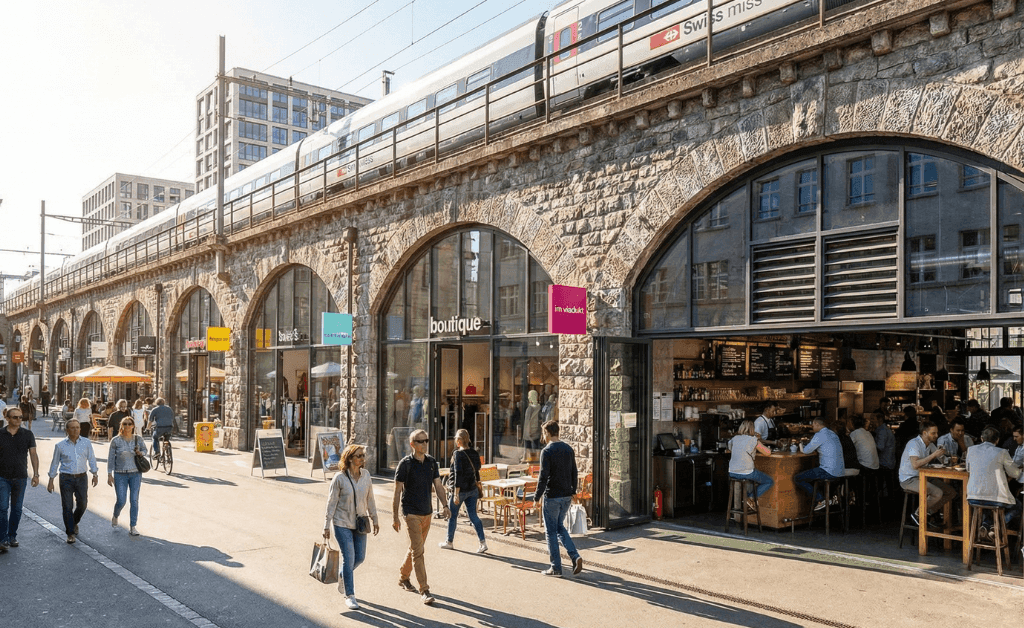 People shopping and dining at Im Viadukt, a series of shops built into railway arches in Zürich-West.