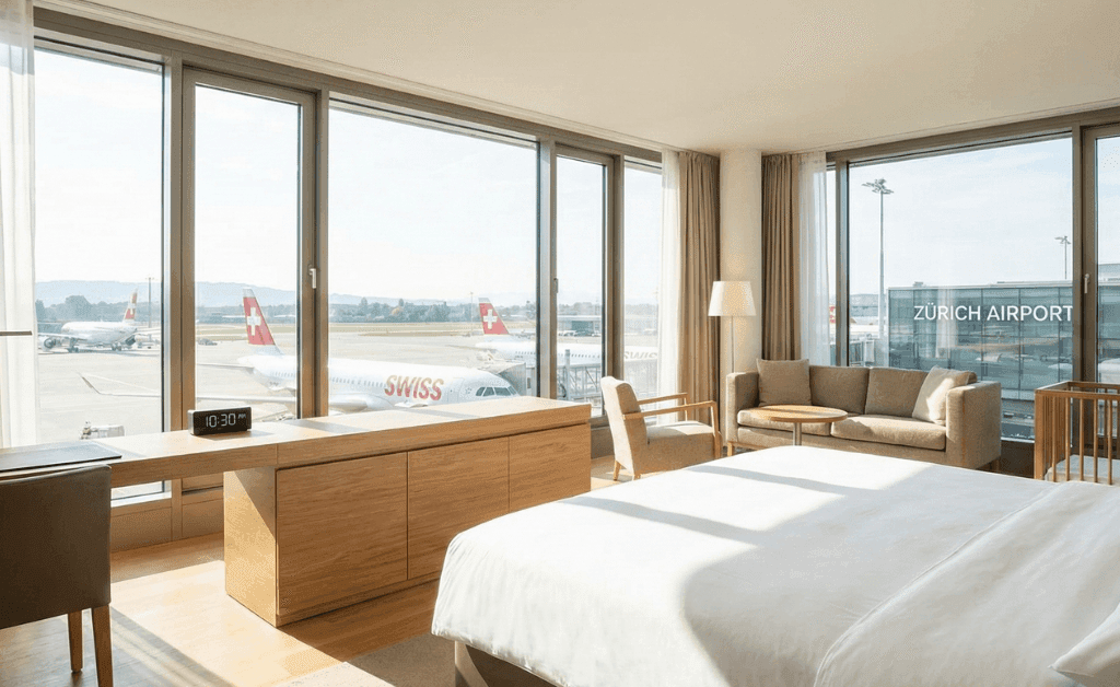 A spacious family hotel room at Zurich Airport with a view of the runway and a sofa bed for children.
