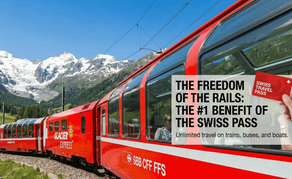 A red SBB Glacier Express train traveling through the Swiss Alps with a hand holding a Swiss Travel Pass against a window, showcasing the text "The freedom of the rails: The #1 benefit of the Swiss Pass."