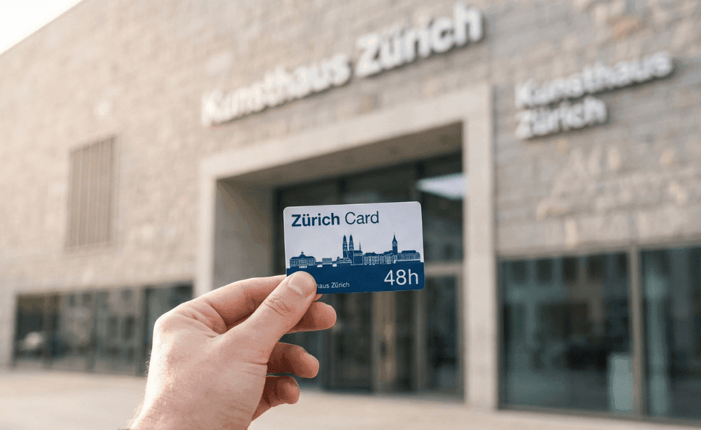 A traveler holding a city pass in front of an art museum in Zurich, Switzerland.