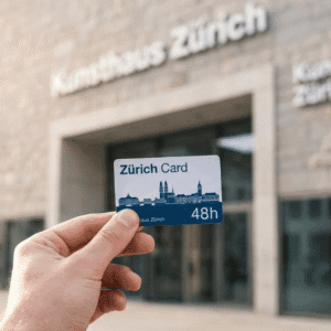 A traveler holding a city pass in front of an art museum in Zurich, Switzerland.