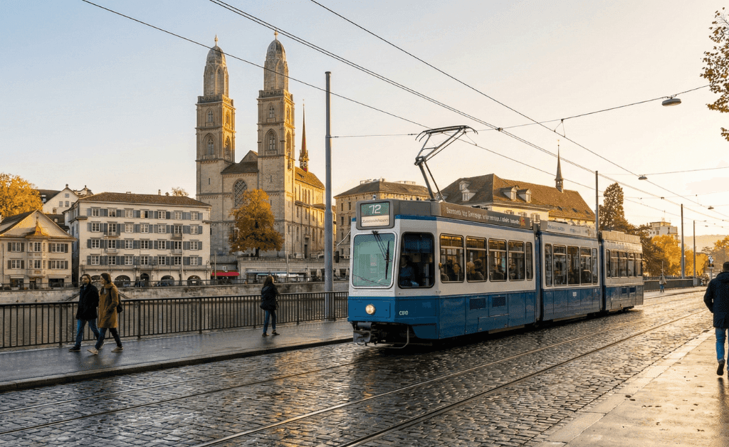 Iconic blue tram in Zurich old town with church steeples.