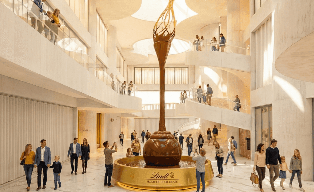 A towering, hyper-realistic view of the massive chocolate fountain inside the Lindt Home of Chocolate. A large golden whisk hangs from the ceiling, pouring a thick stream of liquid chocolate down into a giant spherical base. The room is a bright, modern white atrium with spiral staircases. Various groups of visitors, including families and couples, stand around the golden base of the fountain, looking up in awe.