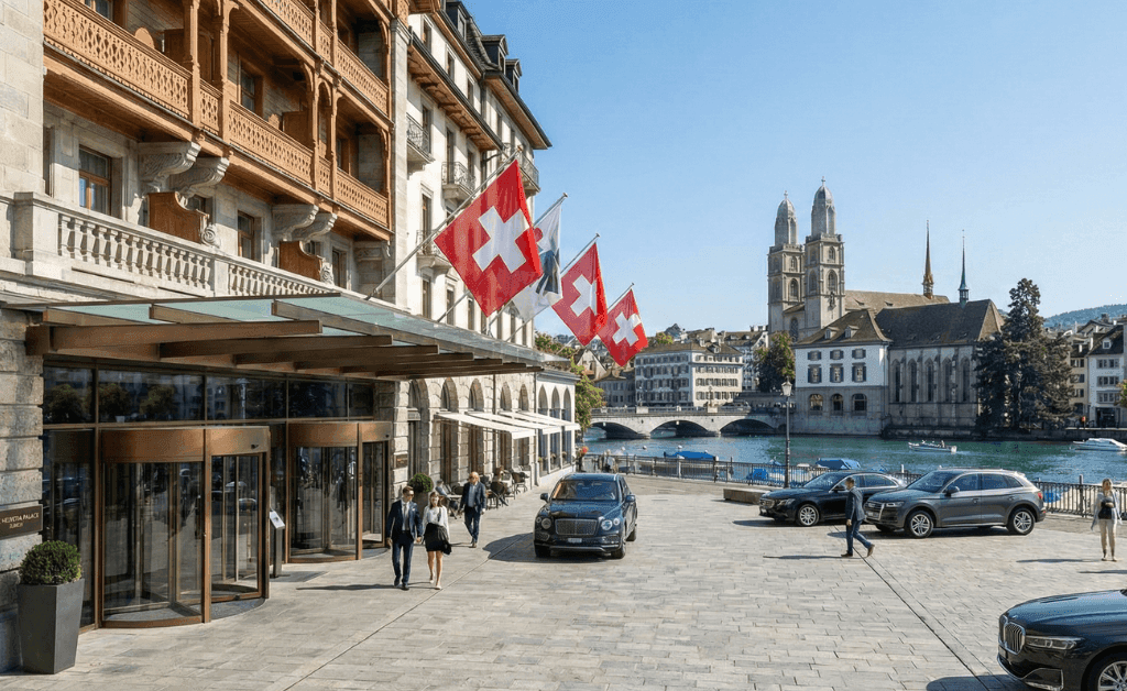 A photorealistic daytime architectural shot of a grand luxury hotel with a classic Swiss facade and modern entrance featuring waving Swiss flags; in the background, the Limmat River flows past the iconic twin towers of the Grossmünster church under a clear blue sky.
