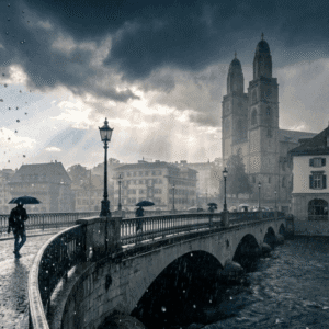 Heavy rain falling on a stone bridge over the Limmat River in Zurich, with the Grossmünster twin towers visible in the background under dark storm clouds and breaking sunlight.