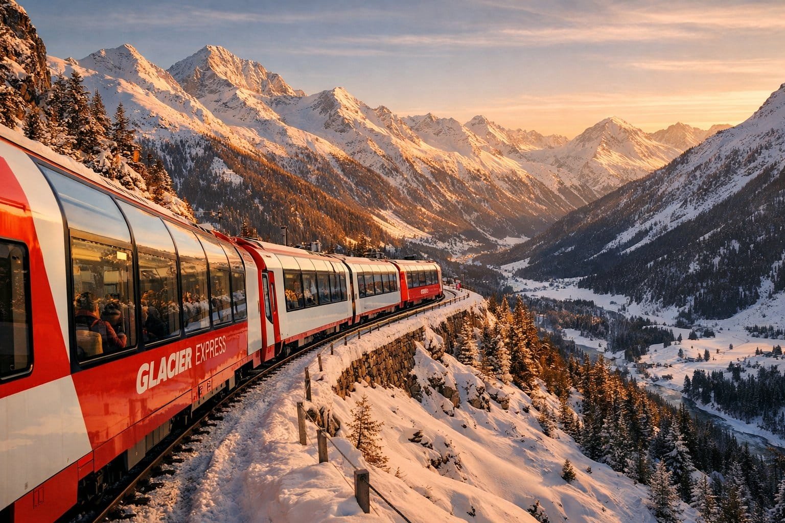 Glacier Express train traveling through snow-capped Swiss Alps with panoramic windows