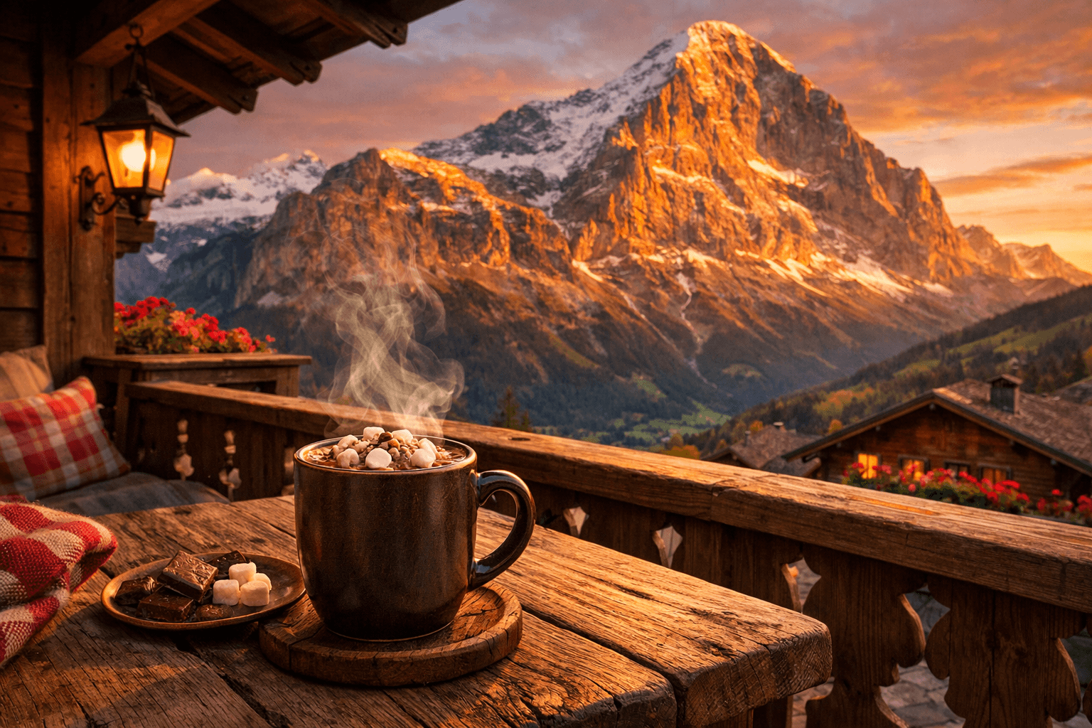 Cozy Swiss chalet balcony in Grindelwald with Eiger mountain view at sunset