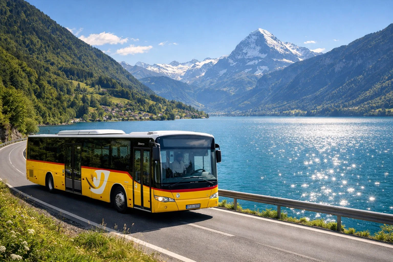 A yellow Swiss PostBus driving along the turquoise Lake Brienz near Interlaken