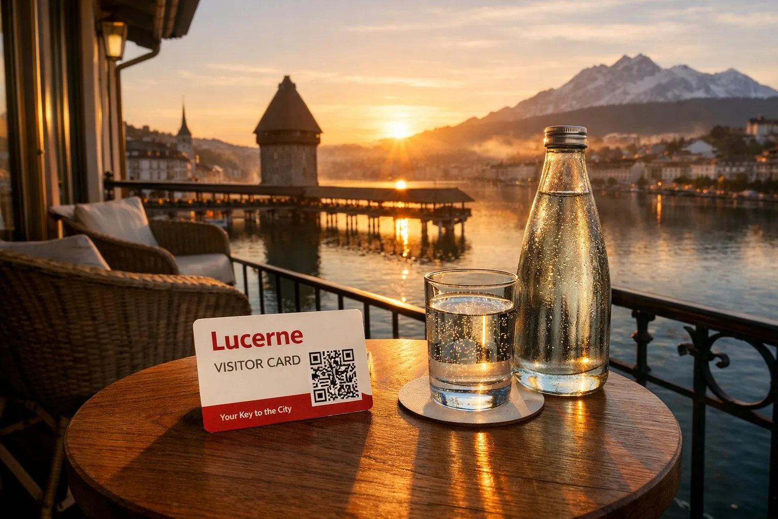 Lucerne Visitor Card with a view of the Chapel Bridge at sunrise