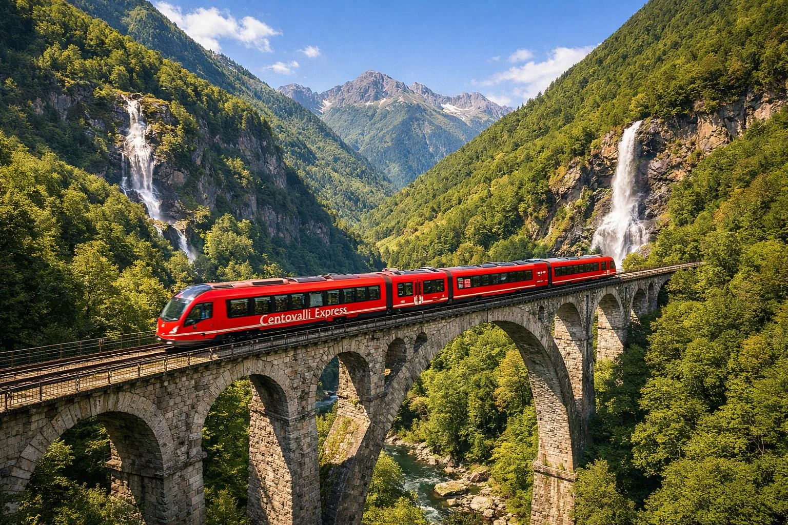 The red Centovalli Express train crossing a stone bridge in Ticino