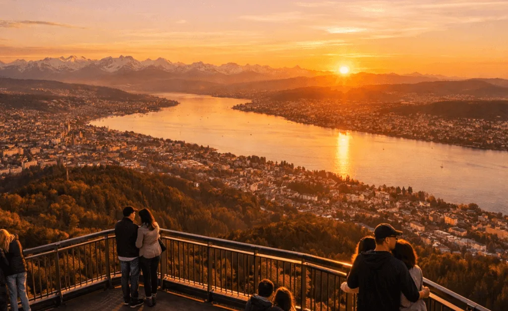 The tall steel observation tower on the summit of Üetliberg next to the Uto Kulm hotel.