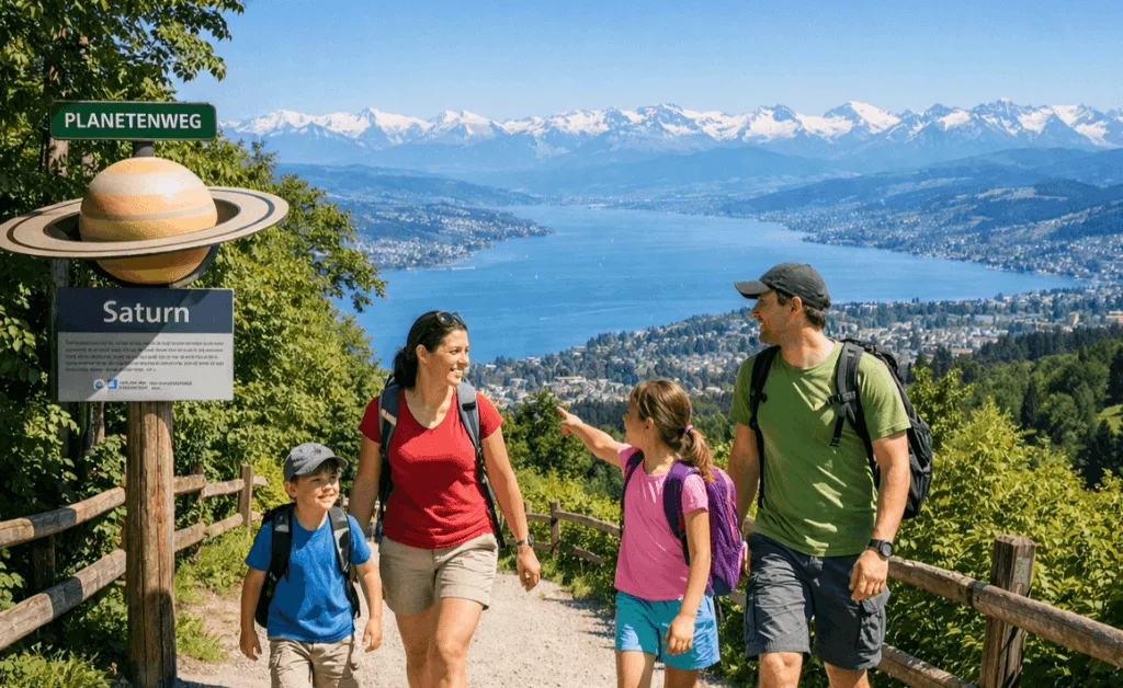 A well-maintained dirt hiking path on the Üetliberg ridge featuring a solar system model plaque.