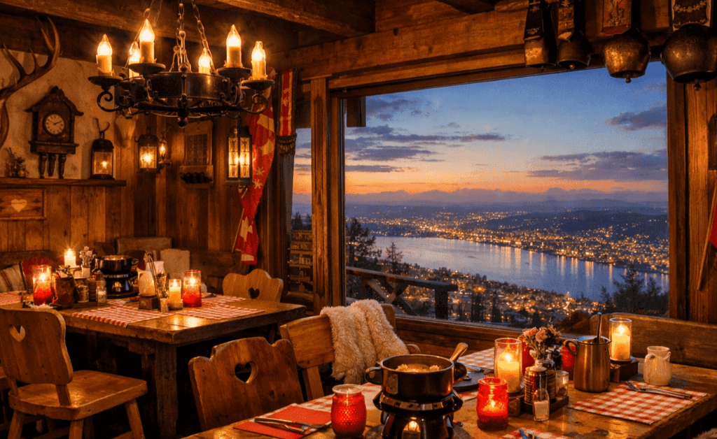 Panoramic view overlooking the city of Zurich and Lake Zurich with the Swiss Alps in the background.