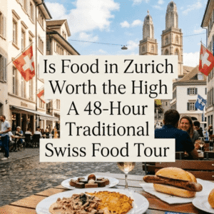 Traditional Swiss dishes like Zürcher Geschnetzeltes and St. Galler Bratwurst on a restaurant table in Zurich Old Town with the Grossmünster in the background.